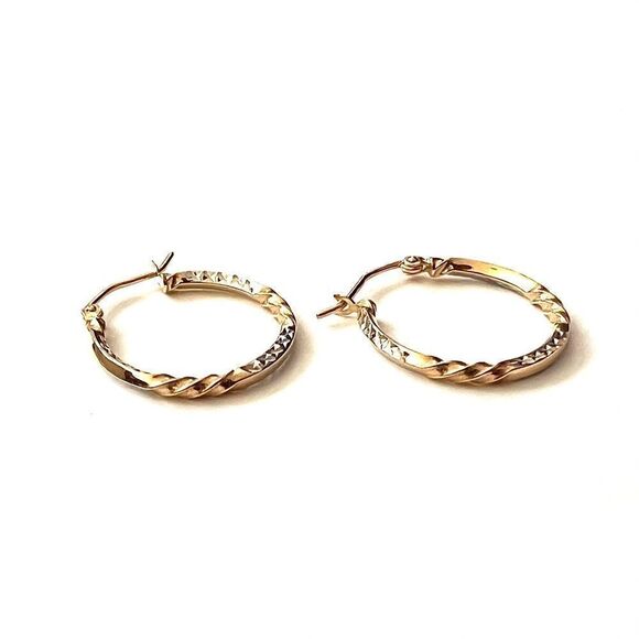 14k Yellow Gold two tone DC Hoop Earrings | 20 mm | Real Gold Huggies Earrings - Picture 2 of 7